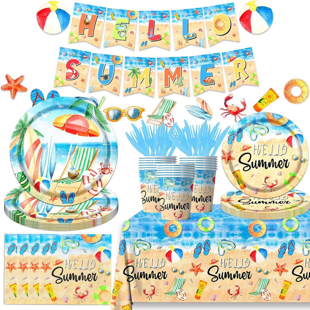 Hello Summer Party Decorations-142Pcs Beach Pool Party Paper Plates and Napkins Set